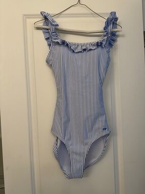 NWT Rufflebutts Seersucker Striped Ruffle-Trim One-Piece Swimsuit-women’s XS